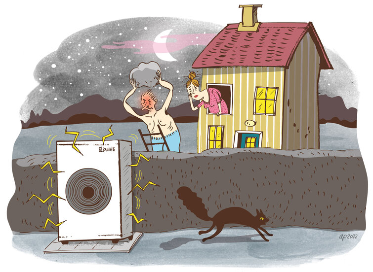 Tegning viser vred mand, der skal til at kaste stor sten på naboens varmepumpe, der larmer