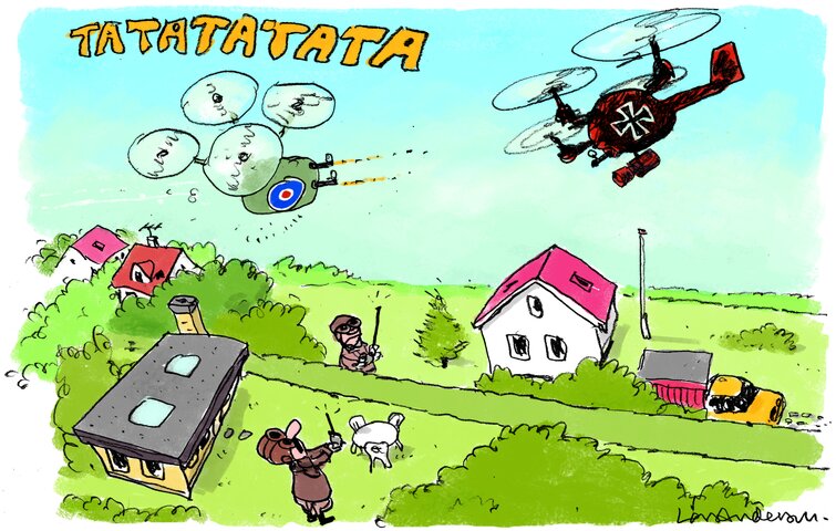 To naboer fjernstyrer hver deres drone med kamera, som skyder mod hinanden