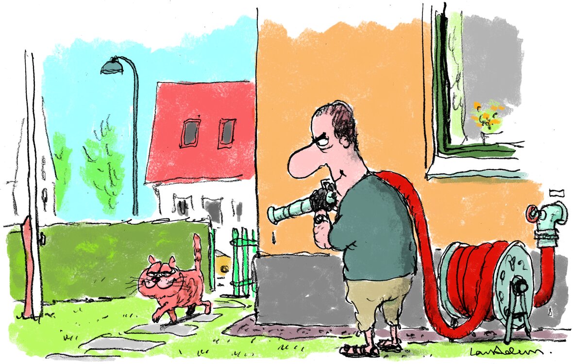 Tegning viser mand stå klar til at sprøjte vand med vandslange på fremmed kat, der kommer spankulerende