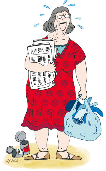 Tegning viser kvinde med affaldspose i den ene hånd og aviser i den anden