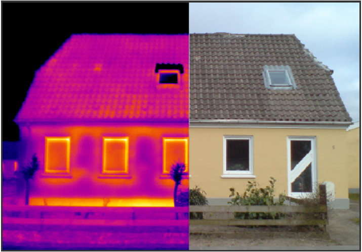 et halvt hus vises med henholdsvis termografering et almindeligt foto